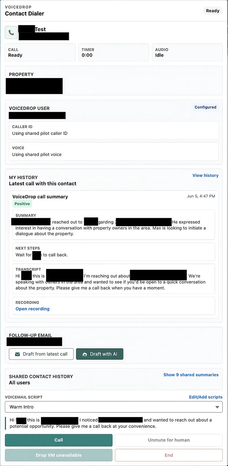 Salesforce LWC dialer with AI voicemail drops, call summaries, and email follow-up tools