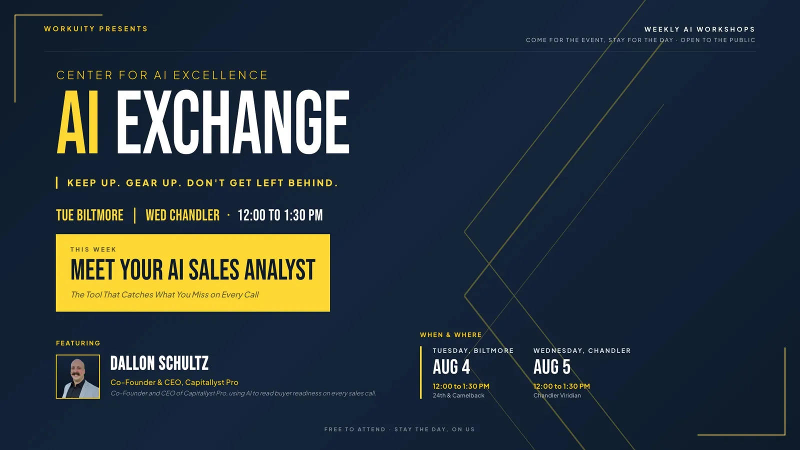 AI Exchange weekly workshop flyer: Tuesdays at Workuity Biltmore and Wednesdays at Workuity Chandler, 12:00 to 1:30 PM